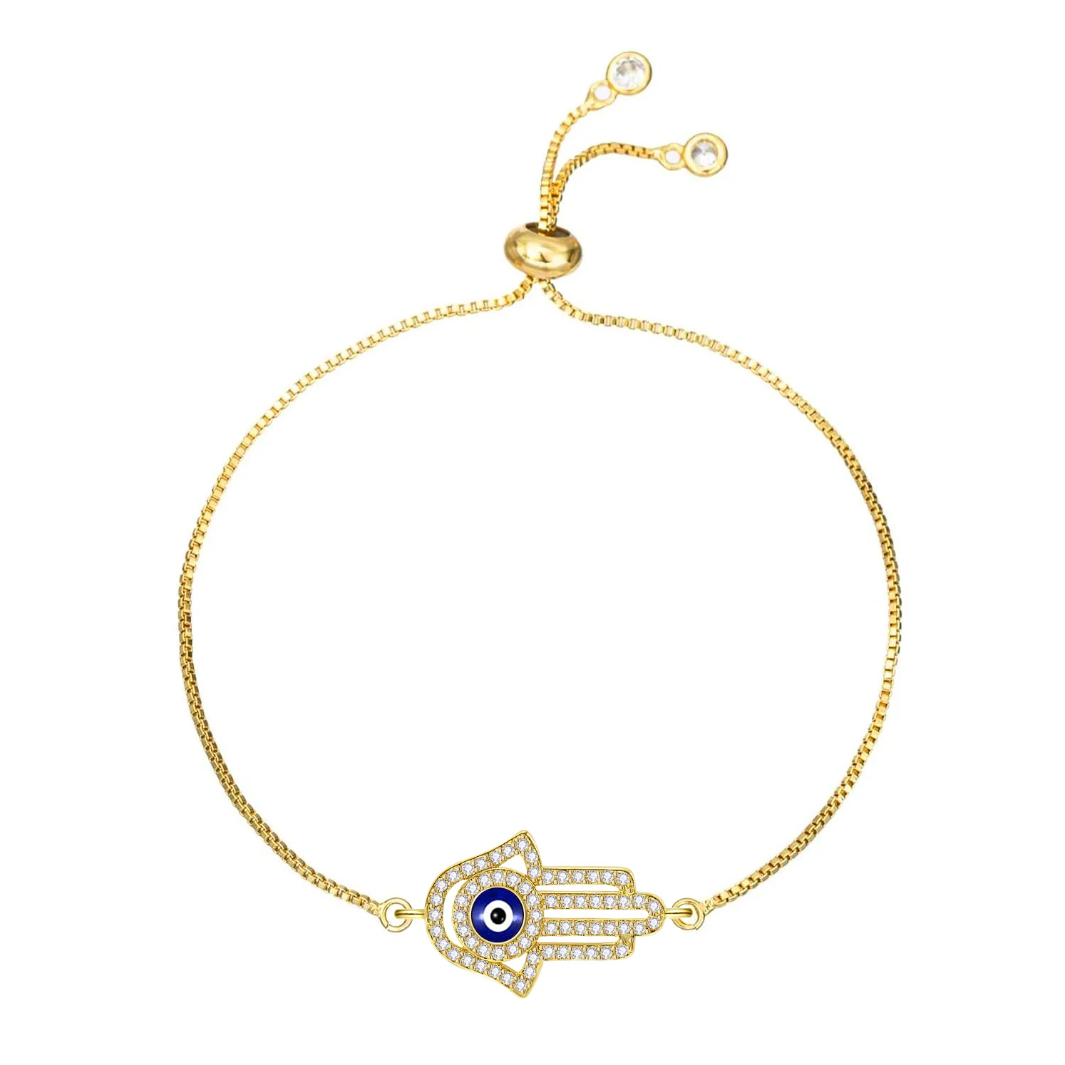 Białe kamienie CZ Hamsa Ręka Fatimy Złe oko Bransoletka Lucky Charm Kobiety Nowa modna biżuteria z cyrkoniami Crystal Box Chain