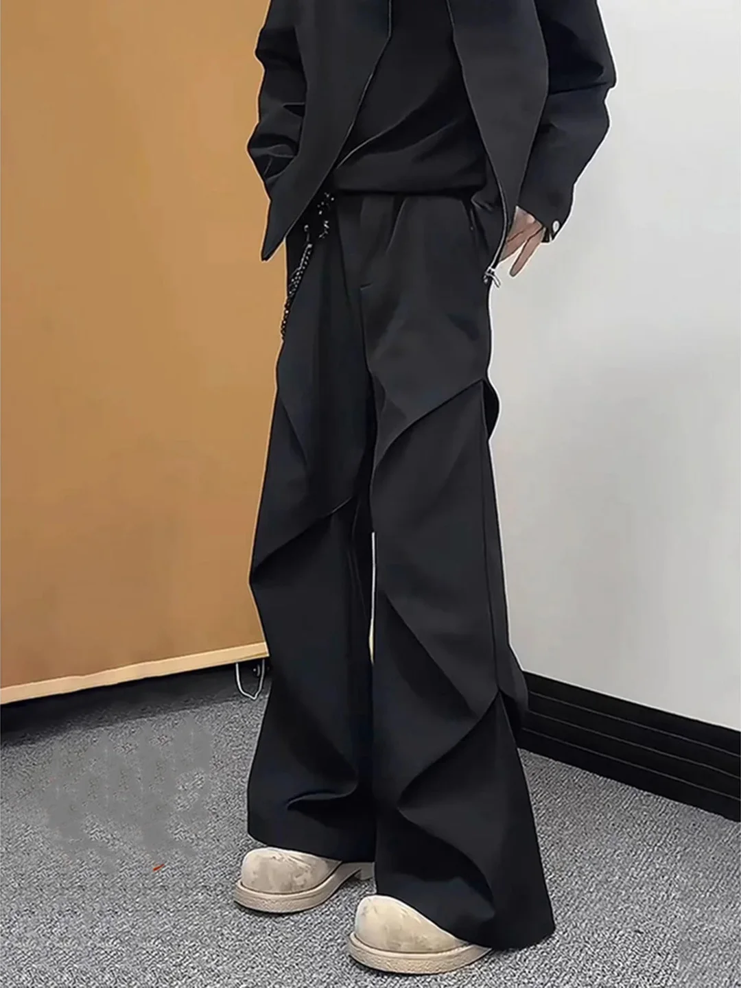 

Cleanfit Men's Folded Wide Leg Pants Autumn Winter Casual Trousers Bell Bot Fce Lined Workwear American Sle