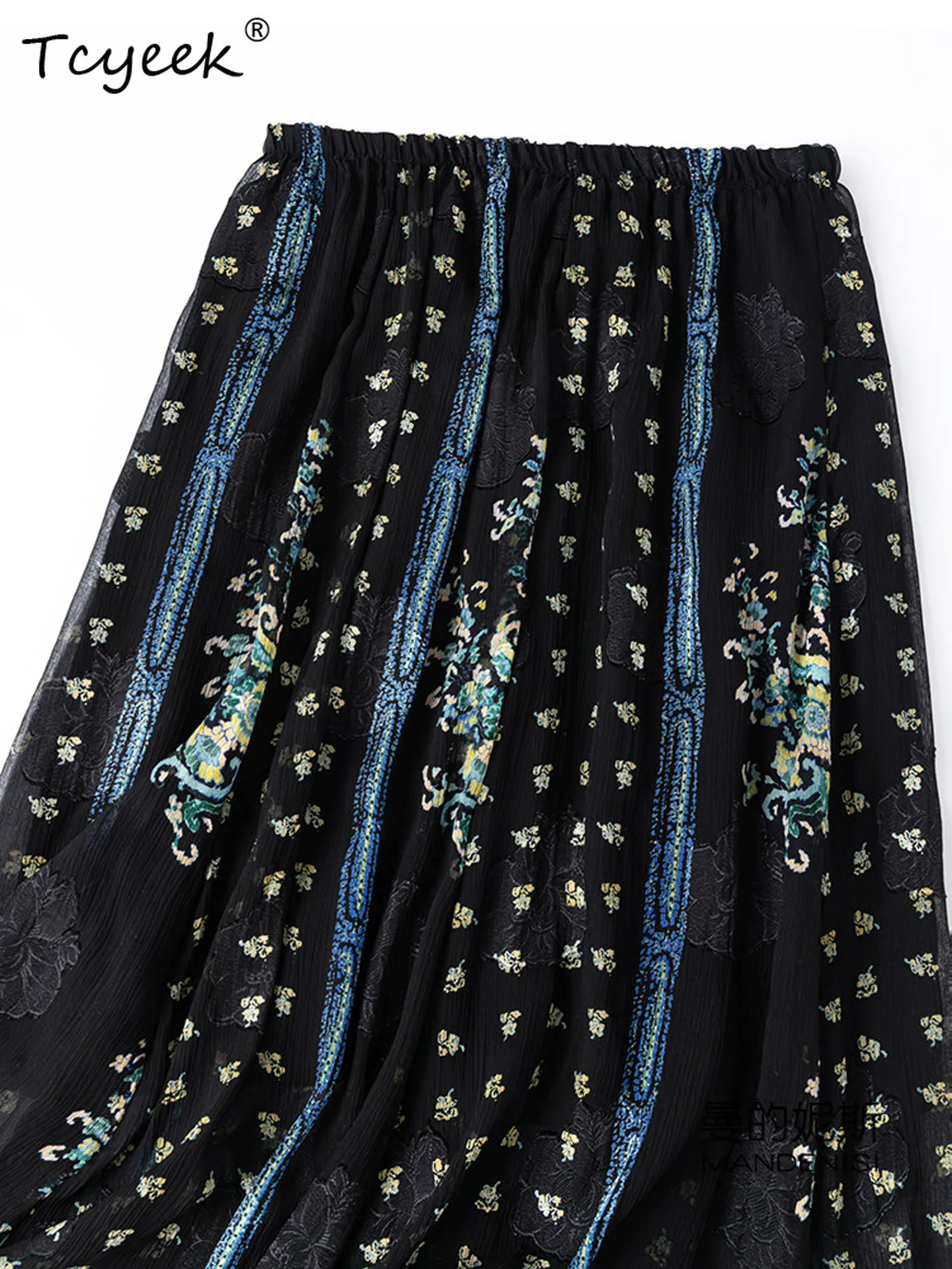 Tcyeek 100% Real Mulberry Silk Womens Skirts Elegant Skirt for Woman Summer Clothes Beach Skirt Print Elastic Waist Jupe Femme