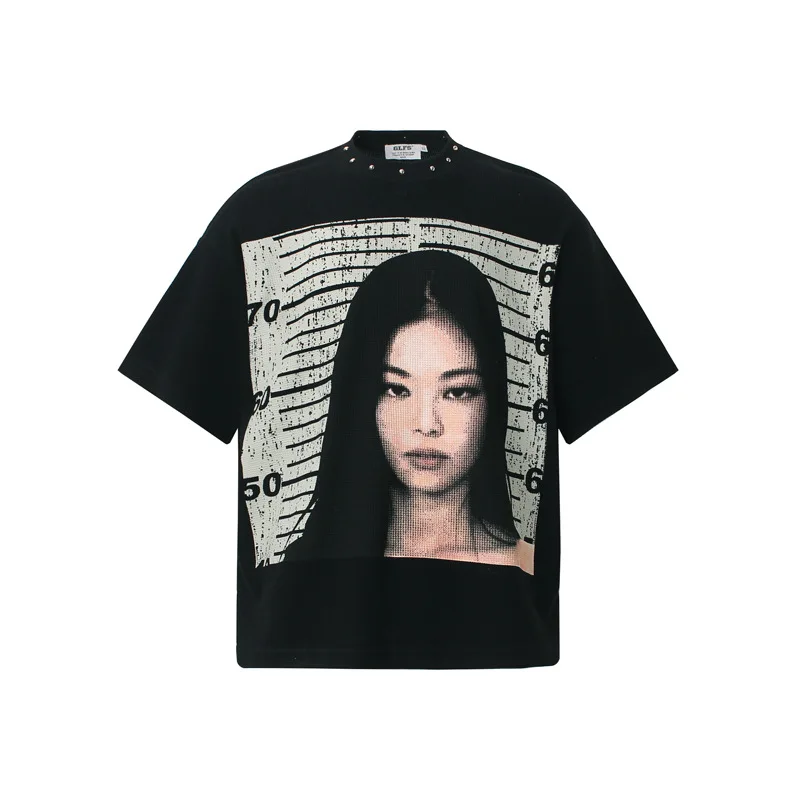 Men's Fashion High Street Hip Hop T Shirt Streetwear Printed Y2K Tees With Rivets Loose Fit Y2K Style Short Sleeve Tops Tshirt