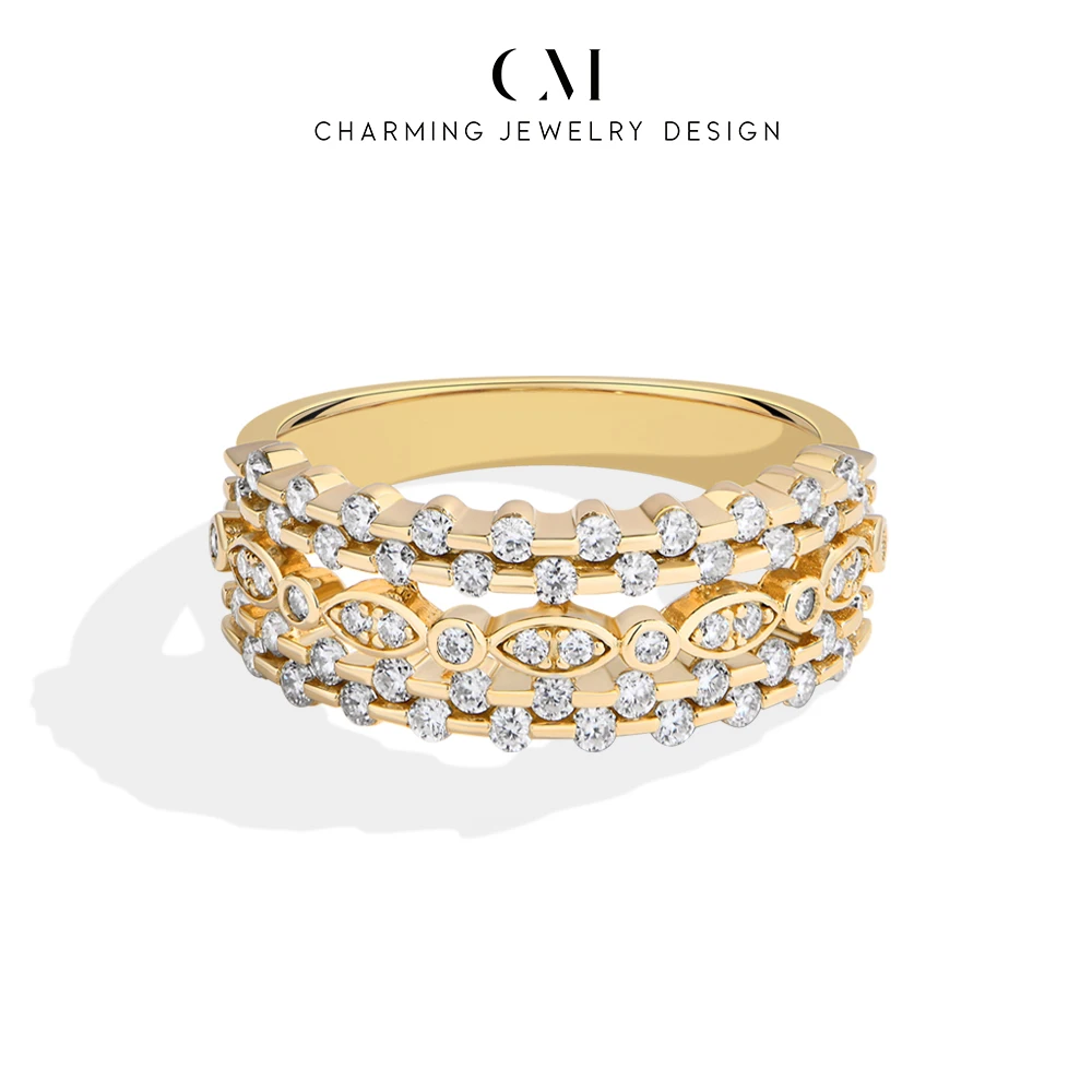 CHARMING Stylish Luxury Multi-row Moissanite Ring S925 for Women Weekend-party Birth-Gift  Anniversary Wedding with certificate