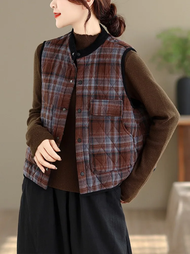 

Retro Hong Kong Sle Women's ort Plaid Cotton Vest Jaet Winter Cold Resistance Warmth Layering Thiened Cotton Vest