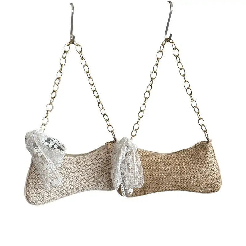 Straw Woven Underarm Handbag Cute Lace Bow Ornament Gold Chain Shoulder Strap Summer Beach Travel Daily Commute Casual Purse