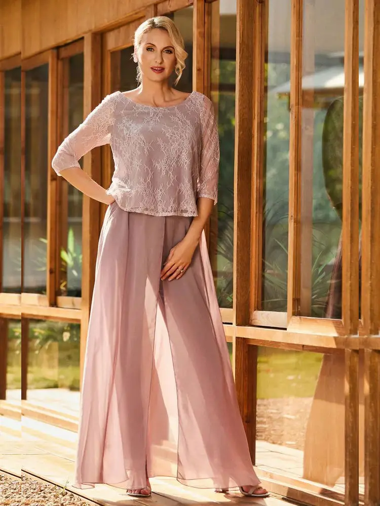 

Lace Top 3/4 Sleeves Chiffon Jumpsuit