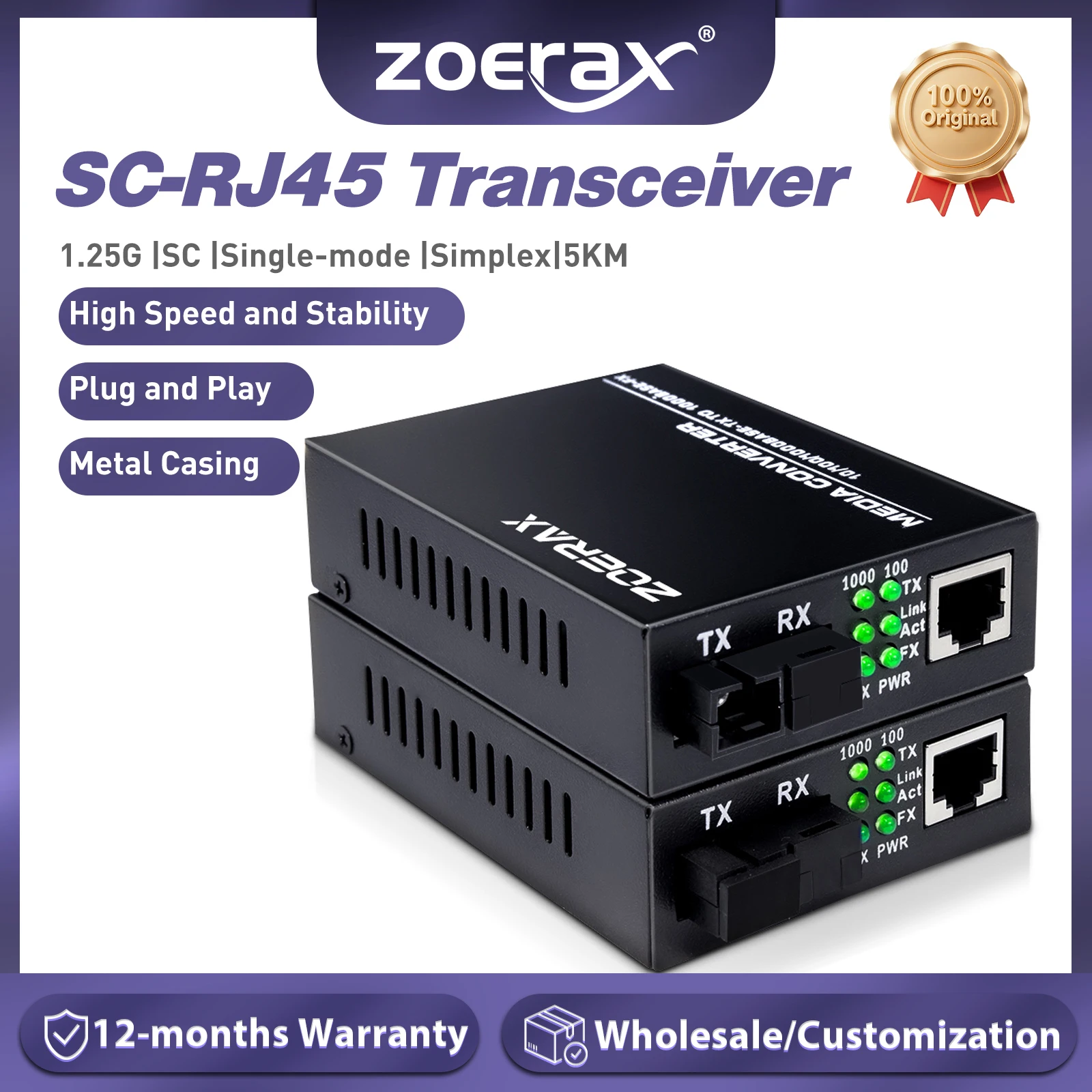 

ZoeRax A Pair of Gigabit Fiber Optic Transceiver Media Coverter Ethernet SC Singlemode RJ45 Port Optical Transceiver