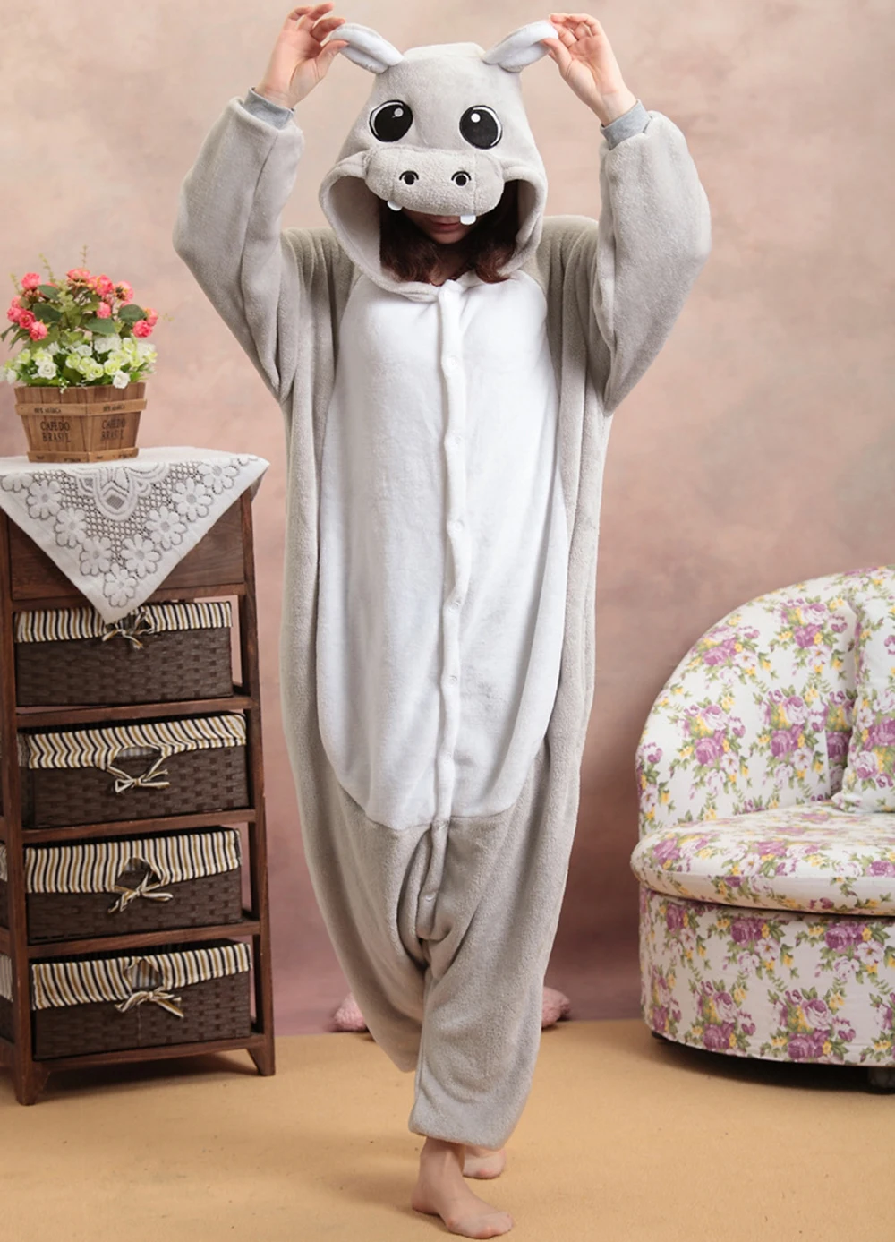 Unisex Kigurumi Cosplay Onesies para adultos, animais, hipopótamo, engraçado, desenhos animados, macacões, quente, flanela, pijamas, 1 peça, inverno