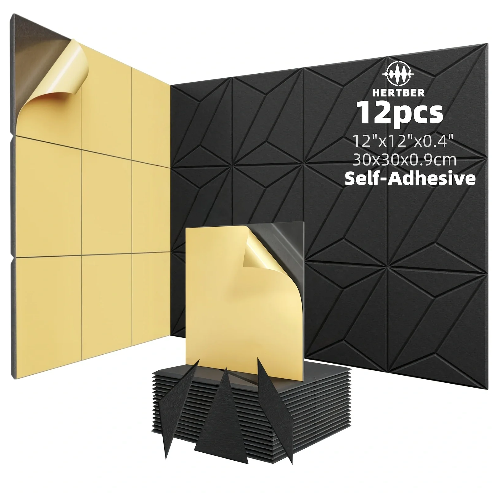 

HERTBER 12Pcs Self Stick 3D Geometric Acoustic Panels Cuttable DIY Sound Absorbing 12"x12"x0.4" for Live Stream Studio
