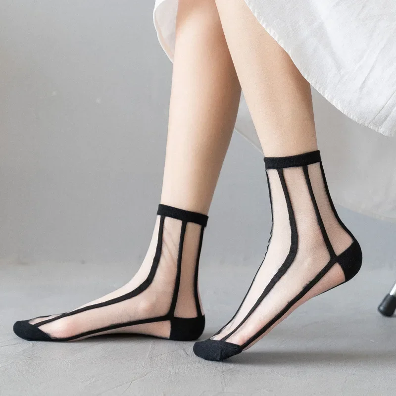 Polka Dot Socks Women See Through Transparent Crystal Silk Socks Summer Ultra-thin Breathable Girls Kawaii Cute Nylon Long Socks