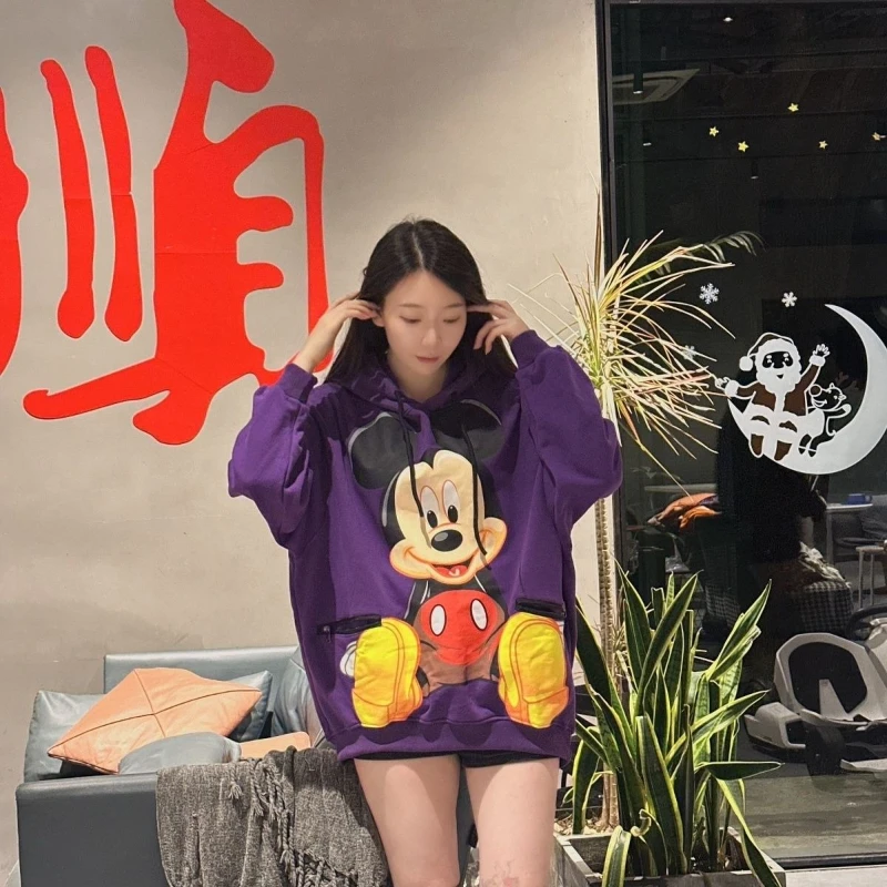 

Plus Size Mickey Print Hoodie - New Autumn Winter Thickened Warm Sweatshirt, Loose Cartoon Pattern Personalized Casual Top