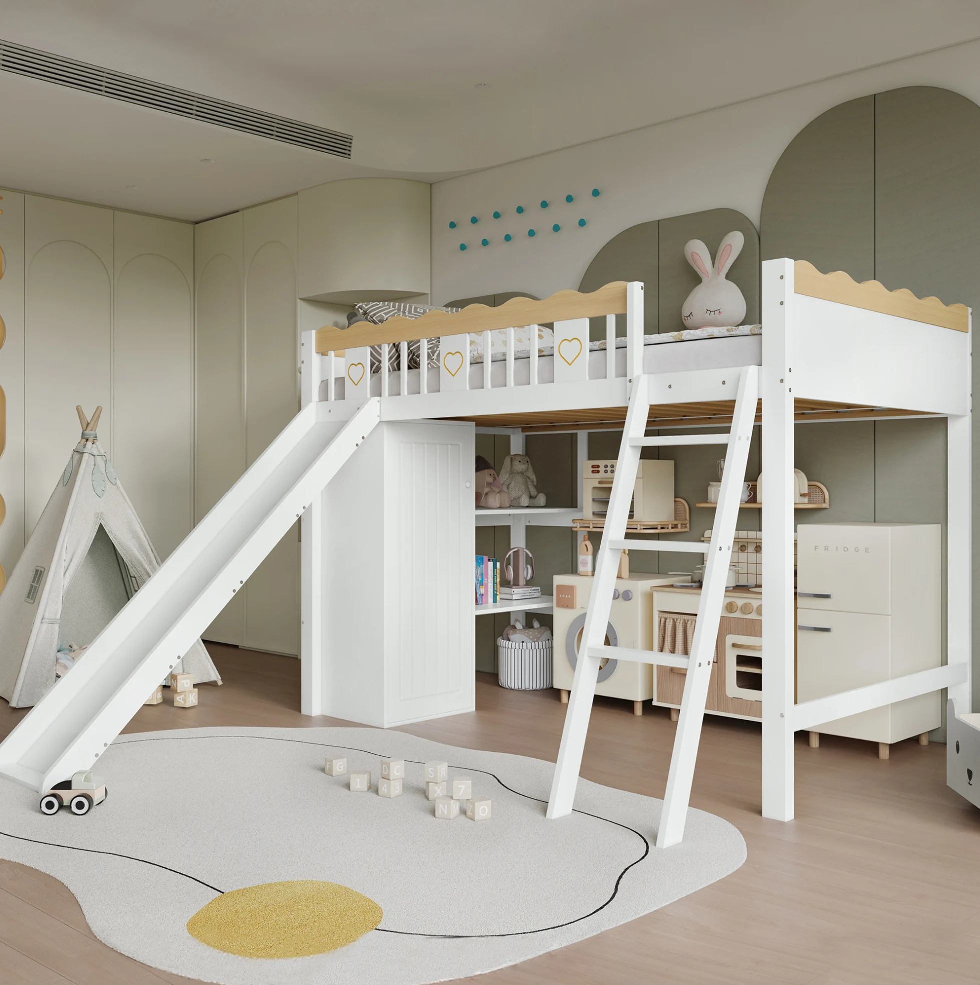 Kinderhoogslaper met glijbaan, kledingkast en opbergkast, grenen + MDF, wit en naturel, 90x200cm