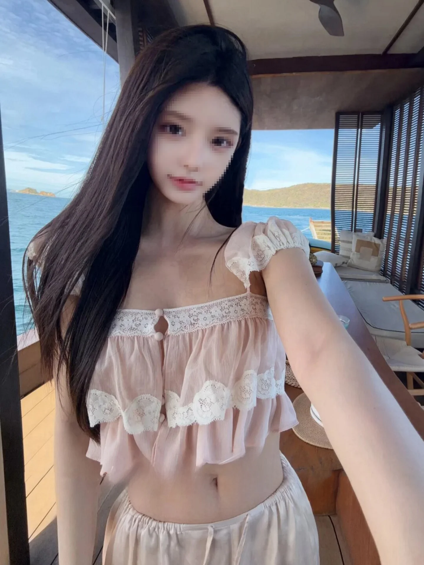 Pink Lace under Shirt Women Summer Pure Desire Style Floral  Base Shirt Doll Top Slimming Chiffon Top Commute Loose Fit