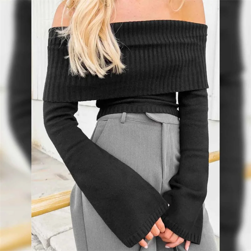 

Women's Slash Neck Knitted Sweaters Tops Street Wear Long Sleeve Off Shoulder Ribbed Pullovers Slim Fit Causal Jumpers