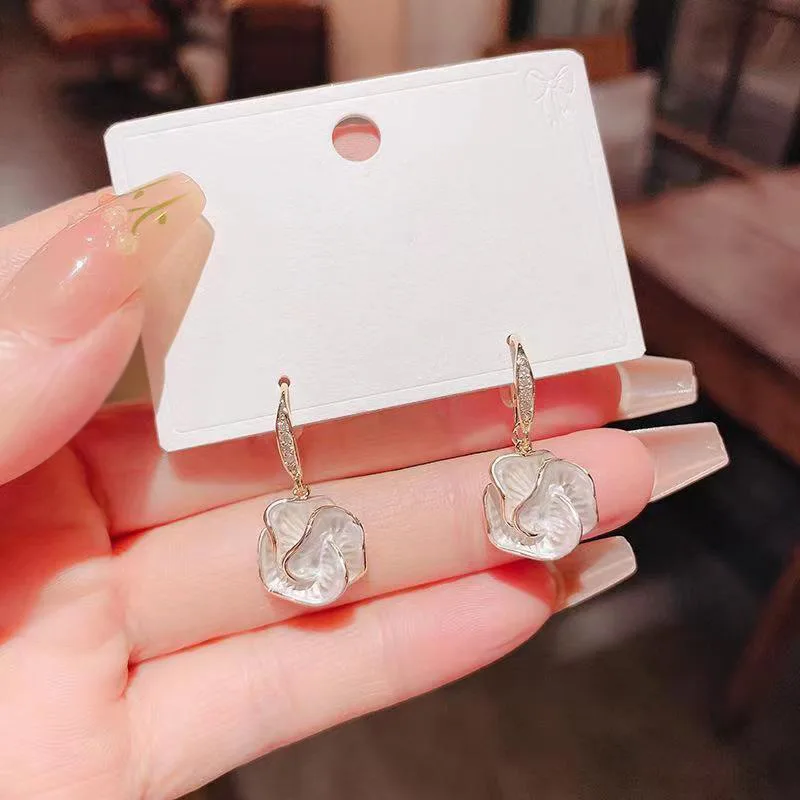 New Fold Flower Drop Earrings for Women Rhinestones Hook Jewelry Golden Trendy White Enamel Oil Petal Dangle Earrings Gift