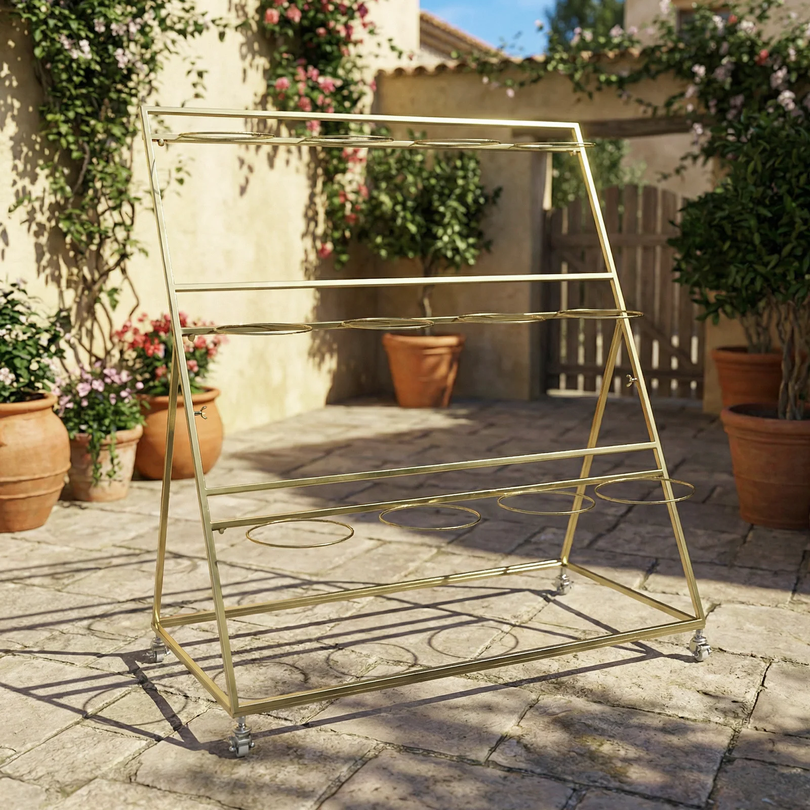 Flower Display Stand 3 Layers Metal Florist Shelf 12 Barrel Capacity Moving Florist Bouquet Shelf for Outdoor Balcony Courtyard