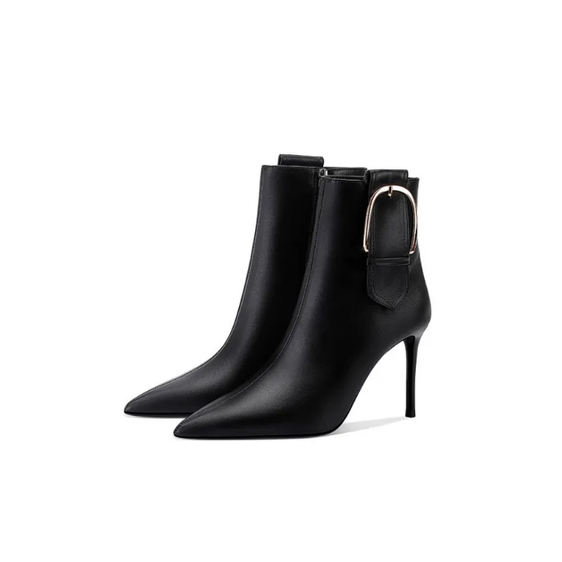 

2025 Women Black High Heel Boots Genuine Leather Slender Heel Side Zipper Stylish Boots