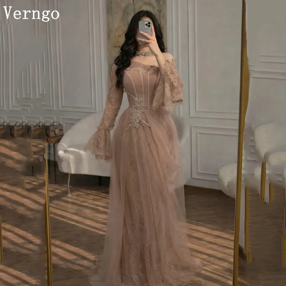 

Verngo Champagne Tulle Appliques Evening Dress Exquisite Lace Puff Sleeves Prom Gown Graceful Party Dress 2026 Customized