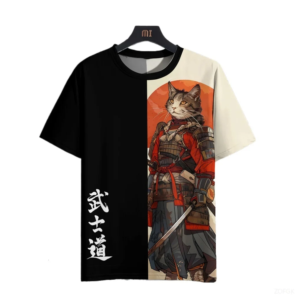 

2025 Japanese Anime Samurai Cat Men's T-shirt 3D Animal Print Short Sleeved Top T-shirt Casual Men's Clothing