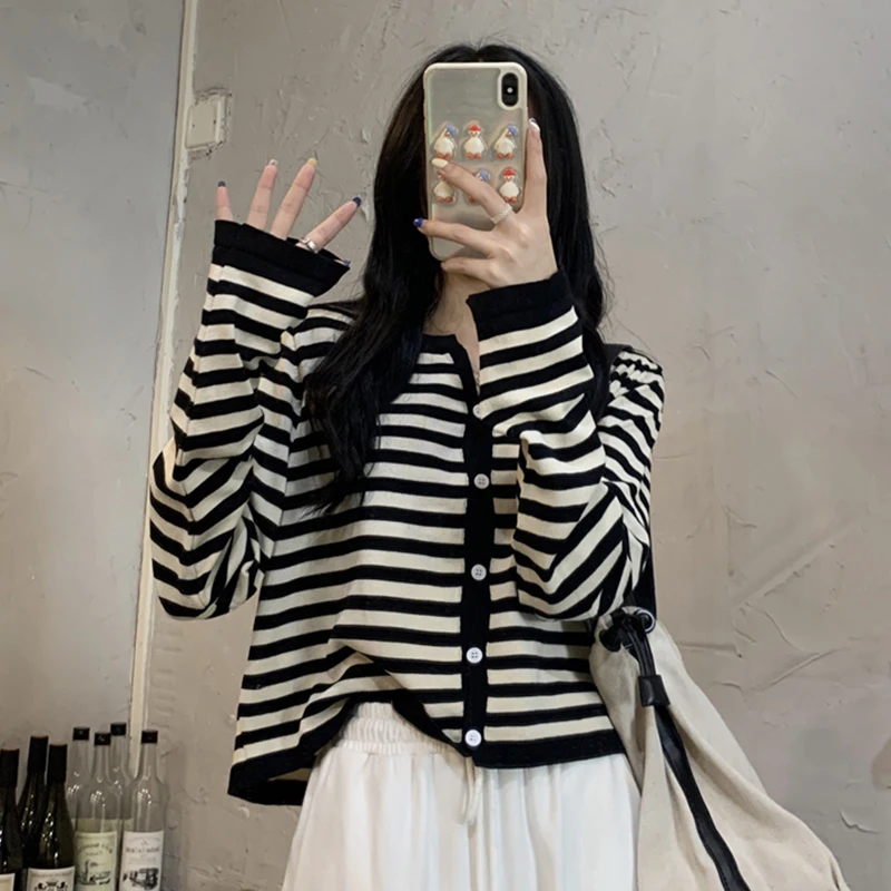 المرأة ort فضفاض محبوك سترة مخطط قاعدة طبقة سترة الخريف Faion حجم كبير بلوزة مريحة V-ne زر التفاصيل #2