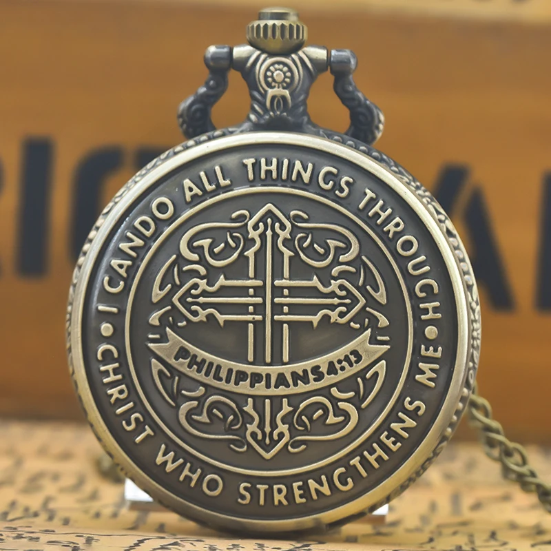 Retro Charm Neutral Fashion Bible Scripture Cross Carving Quartz Steampunk Pocket Watch Men's and Women's Necklace Pendant Gift