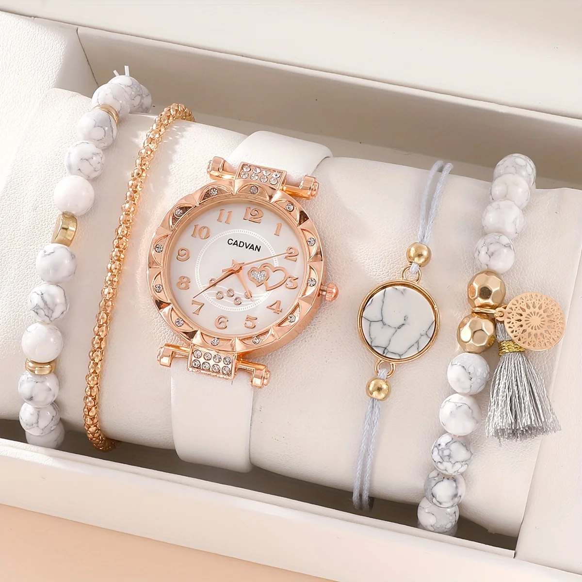 

Women's Watch Cute Heart Quartz Watch Elegant Rhinestone Analog Wrist Watch & 4pcs Marble Vein Bracelet, Gift For Her