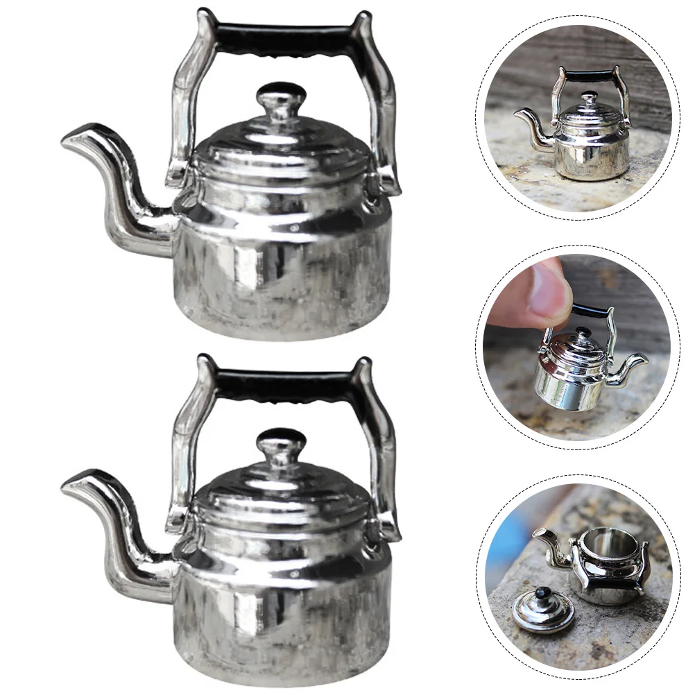 2 Pcs Mini Kettle Water Ornament Miniature Holder Outdoor Toys for Kids Props Pretend Kitchen Alloy House Child Jugs