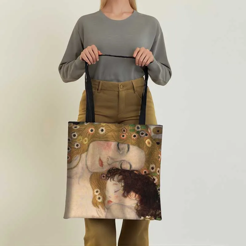 Vintage Painting Kiss / Water Lily Totes Women Handbag Monet / Gustav Klimt Canvas Shoulder Bag for Travel Shopping Bags Gift