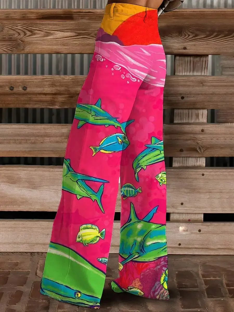 

Womens Shark Print Wide Leg Flared Pants With Belt Loops Button Closure Vibrant Multi Color Casual Retro Style
