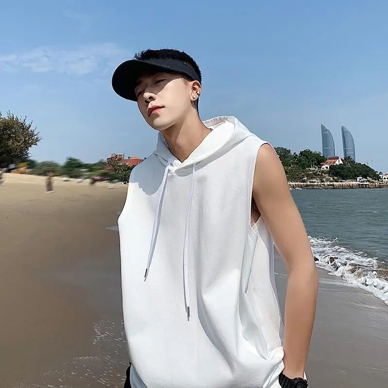 Men Summer Cotton Hoodie Tank Tops Male Casual Thin Hooded Vest Sweatshirts Beach Solid Fashion Y2K Korean Harajuku Shirts