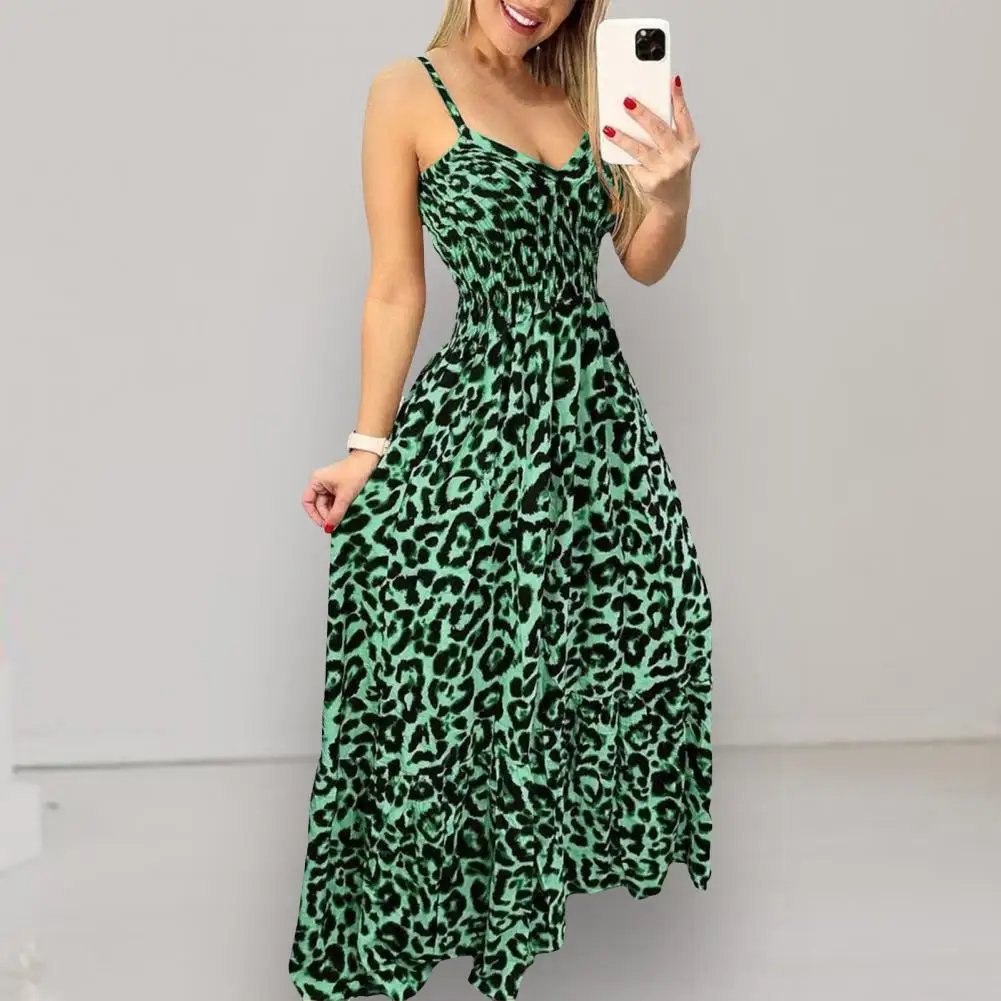 

Waist Sling Dress Leopard Print Strappy Maxi Dress with Low-cut V Neck Backless Design for Women Tight Fit High Waist Vacation