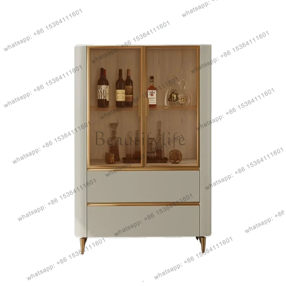 

luxury saddle leather wine cabinet, household living room integrated with wall, high-end display locker, glass display cabinet
