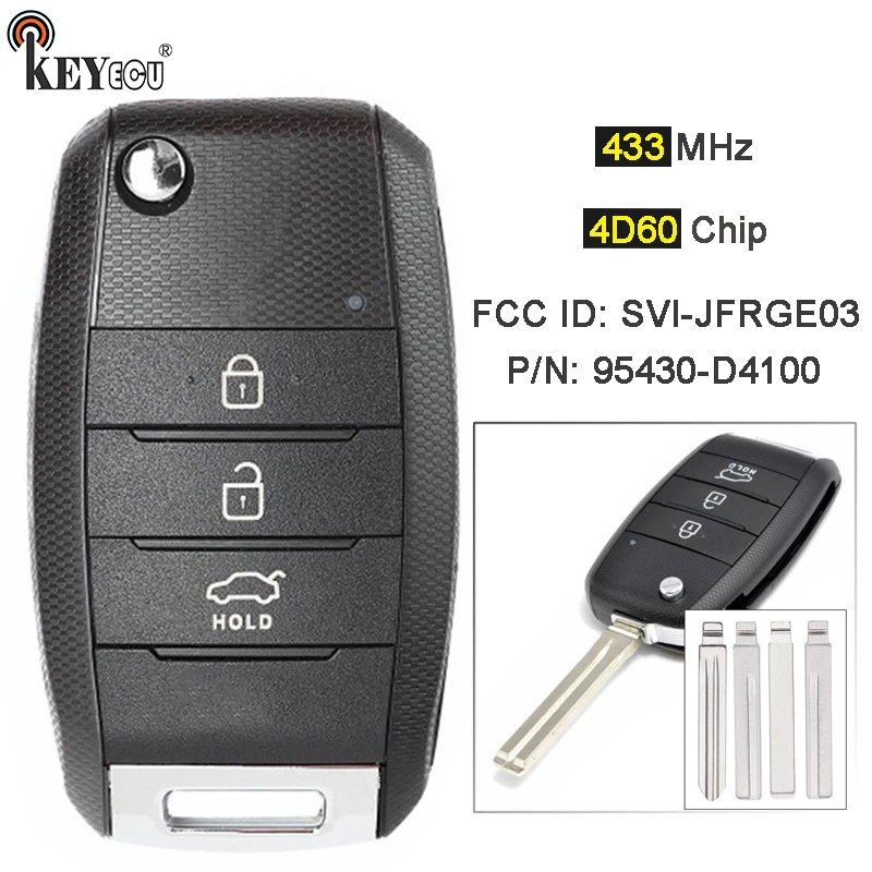 

KEYECU 434MHz 4D60 Chip P/N: 95430-D4100 FCC ID: SVI-JFRGE03 Upgraded Flip 3 Button Remote Key Fob for Kia Optima 2016 2017 2018