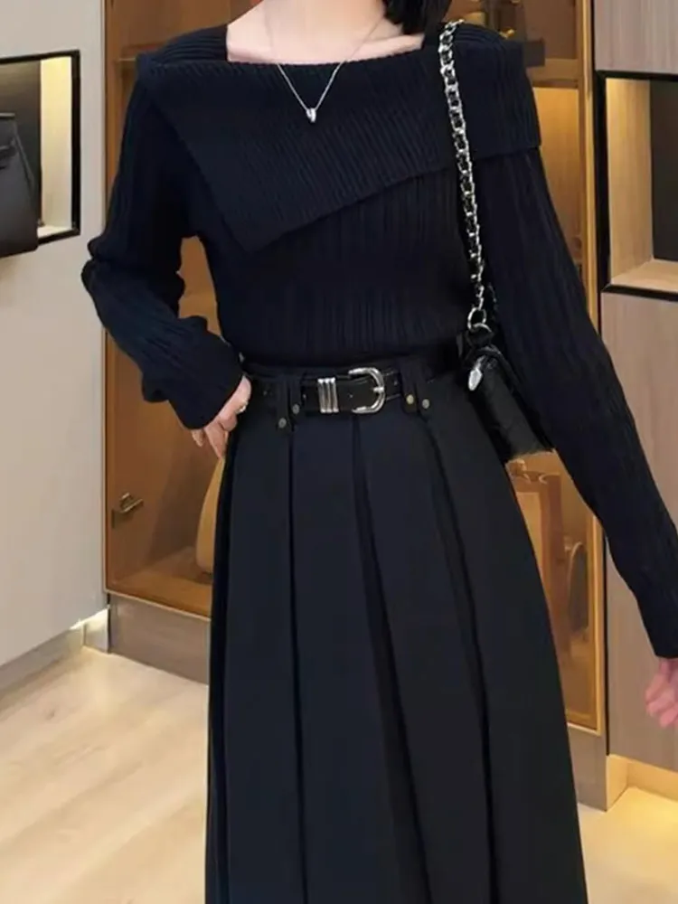 Wygodny sweter z dzianiny w jednolitym kolorze, długi rękaw, asymetryczny krój na jedno ramię, wyszczuplający, nowy, elegancki, do pracy, moda koreańska...