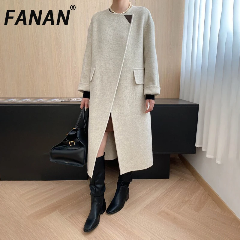 

FANAN Минимализм 100% шерстяные пальто для женщин с круглым вырезом и асимметричным дизайном на пуговицах, длинная верхняя одежда, офисная женская одежда, зимняя новинка