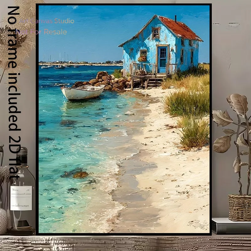 2D Flat, 2D Flat, 1pc of Decorative Canvas Painting Featuring a Seaside Blue House: a Tranquil Coastal Scene with Clear Blue