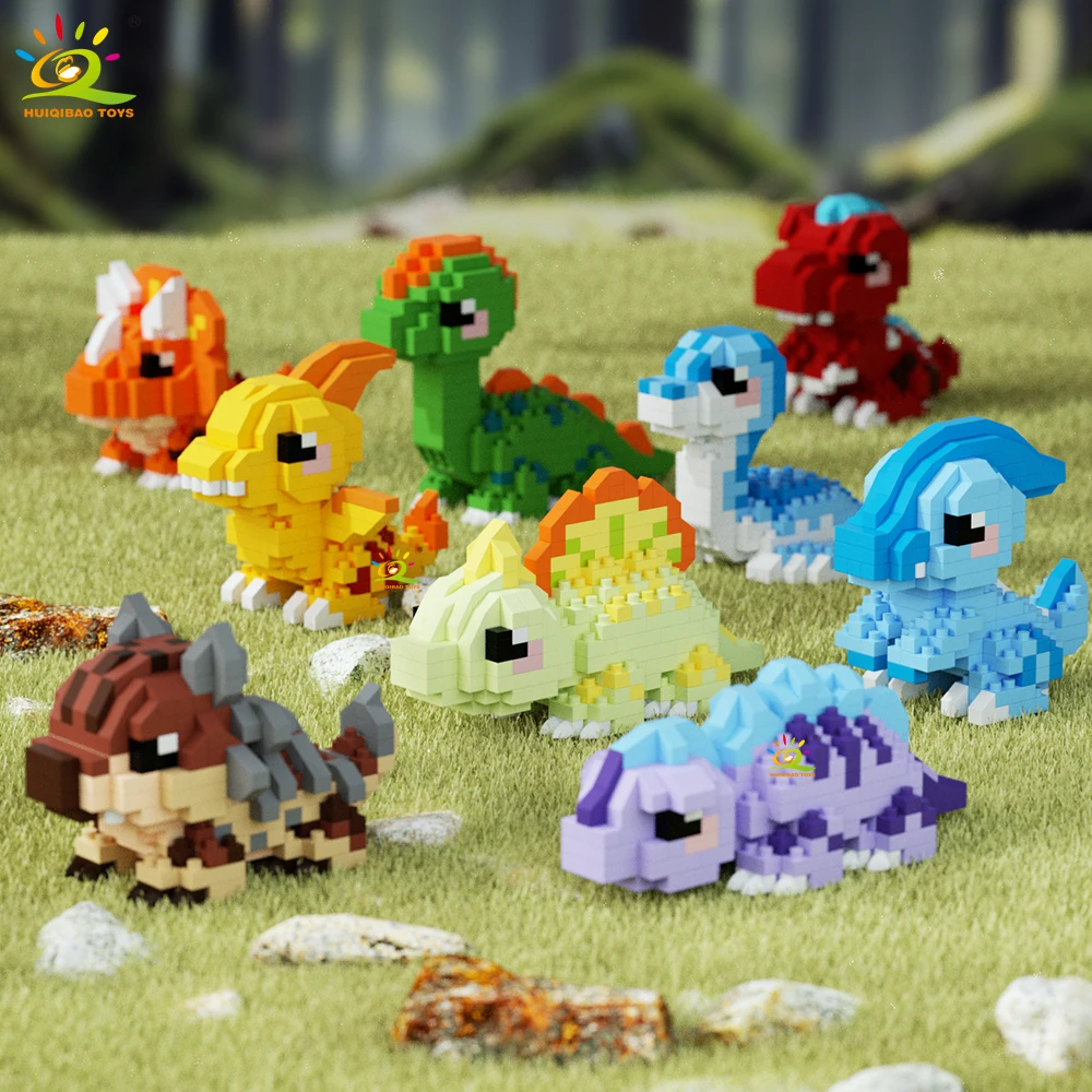 HUIQIBAO MOC Colorful Dinosaur model Micro Building Block Triceratops Tyrannosaurus Diamond Brick Toy for Children Desk Decor.