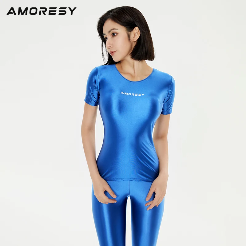 AMORESY electa series color half sleeve shiny silky elastic bottomed Tight Sexy T-shirt