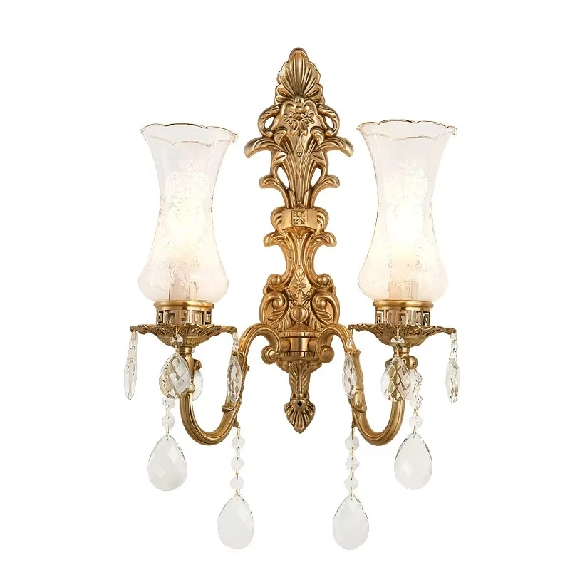 

European Classic Luxury Brass Wall Lamp Indoor Bedroom Hall Corridor Retro Copper Glass Lampshade Crystal Decorative Wall Lamp