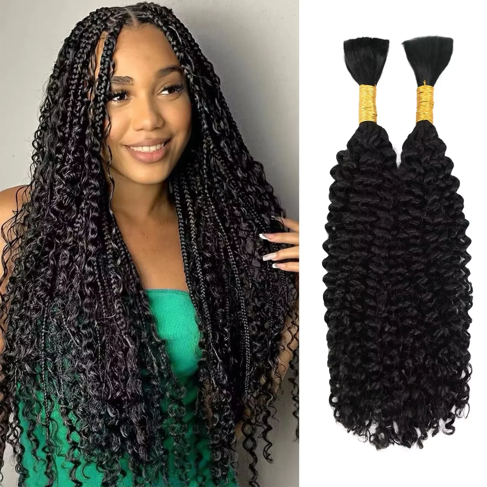 Capelli umani naturali neri, con onde profonde, ideali per trecce, disponibili in confezioni da 20 pollici, 1/3 pezzi, senza trama, capelli umani ricci per trecce in stile boho.