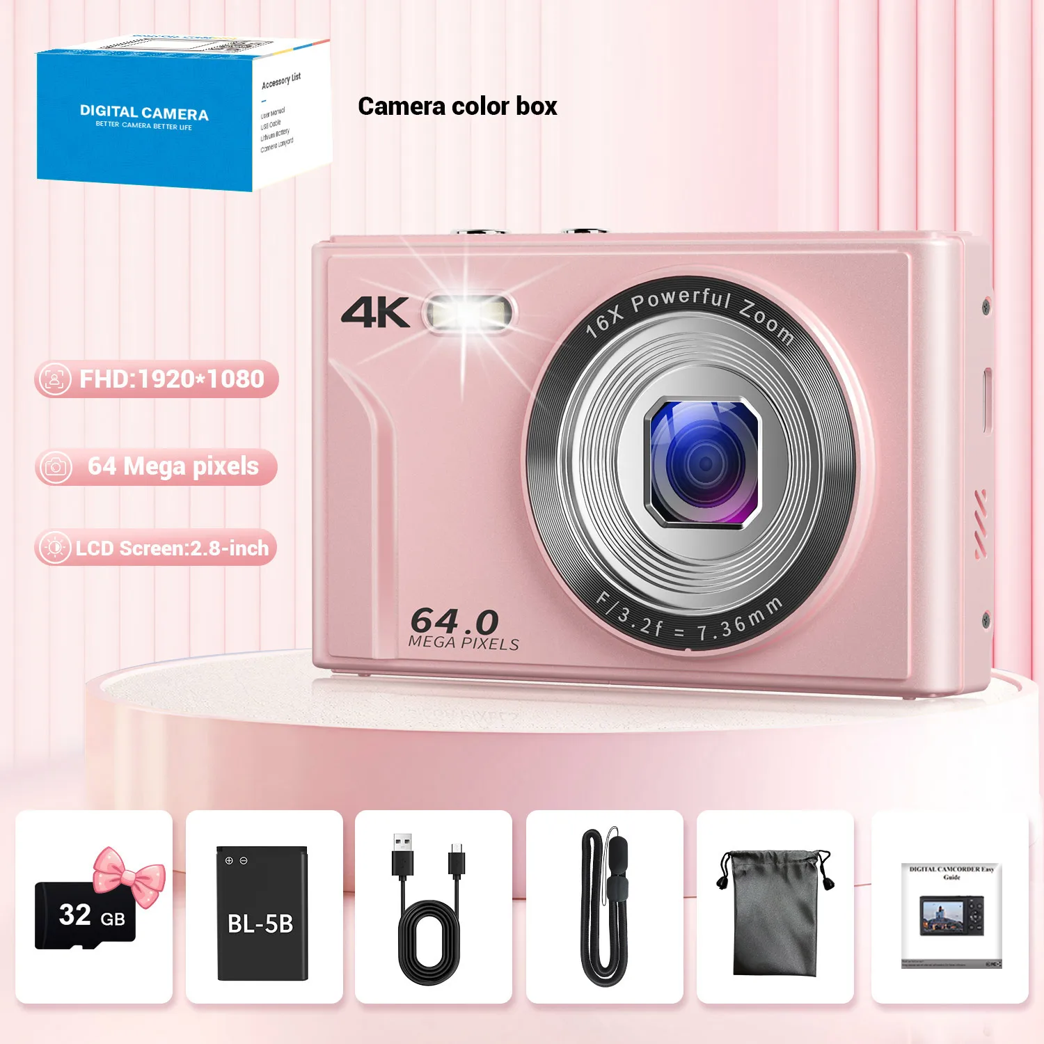 

4K Digital Camera Autofocus Vlogging Camera HD 64MP with 2.8" Large Screen Camcorder Camera for Photography for Kid Adult