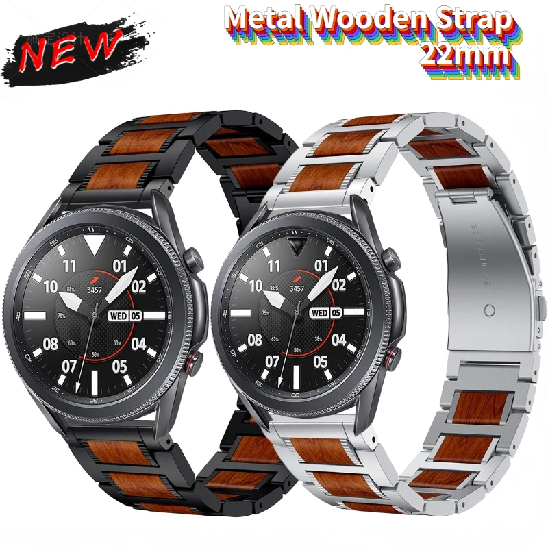 Tali logam 22mm untuk jam tangan Samsung Galaxy, 3/S3 Klasik Huawei jam tangan 3/4/GT3/2 Pro Amazfit GTR3/3 Pro aksesoris gelang kayu