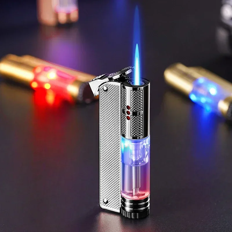 Butane Gas Lighter Blue Flame Transparent Gas Chamber Color Light Shines Straight Charge Inflatable Lighter Outdoor BBQ Survival