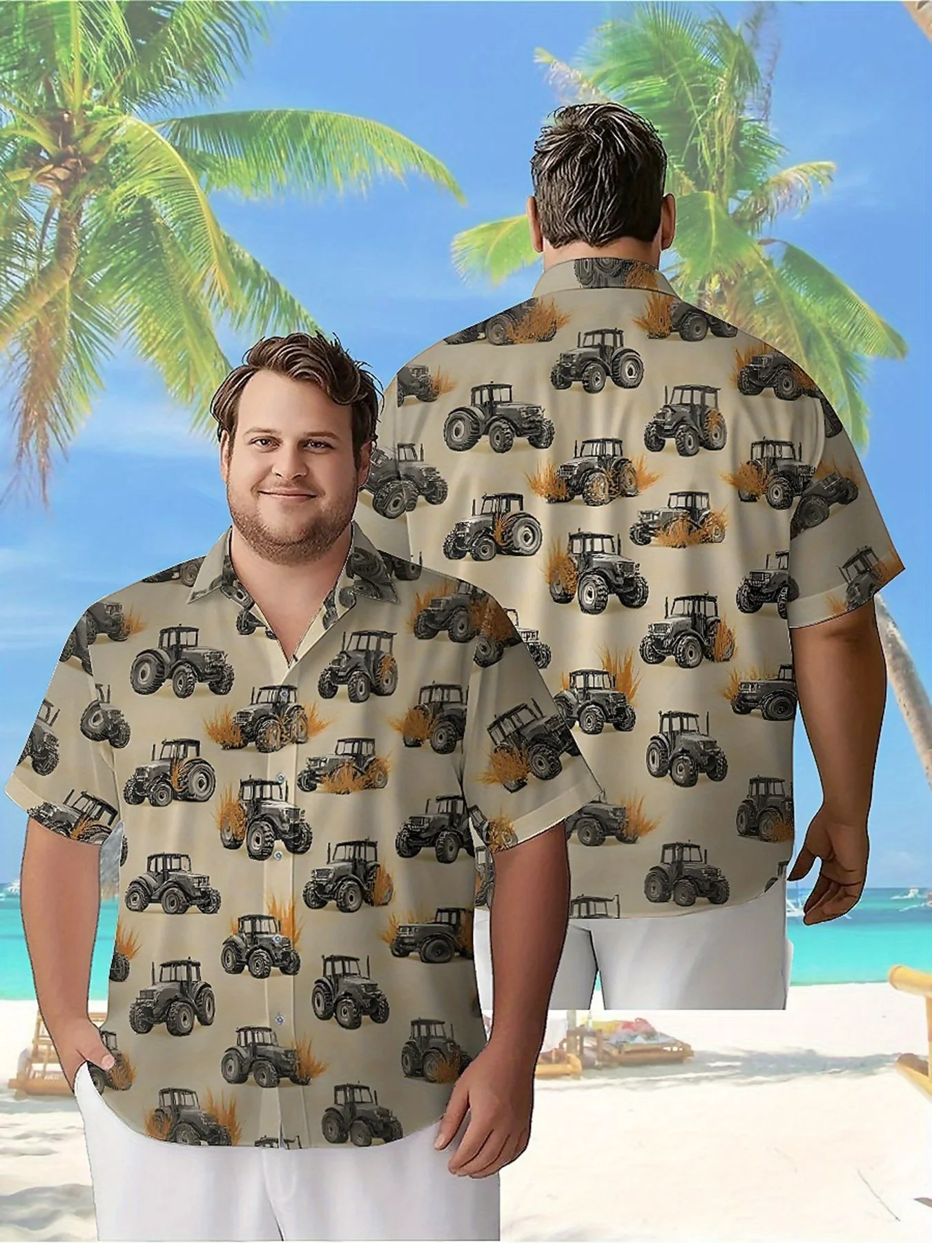 Men's Plus Size Hawaiian Shirts Rural Farm Machinery Pattern, Button Up Shirts, Unisex Casual Clothing, Summer Tops