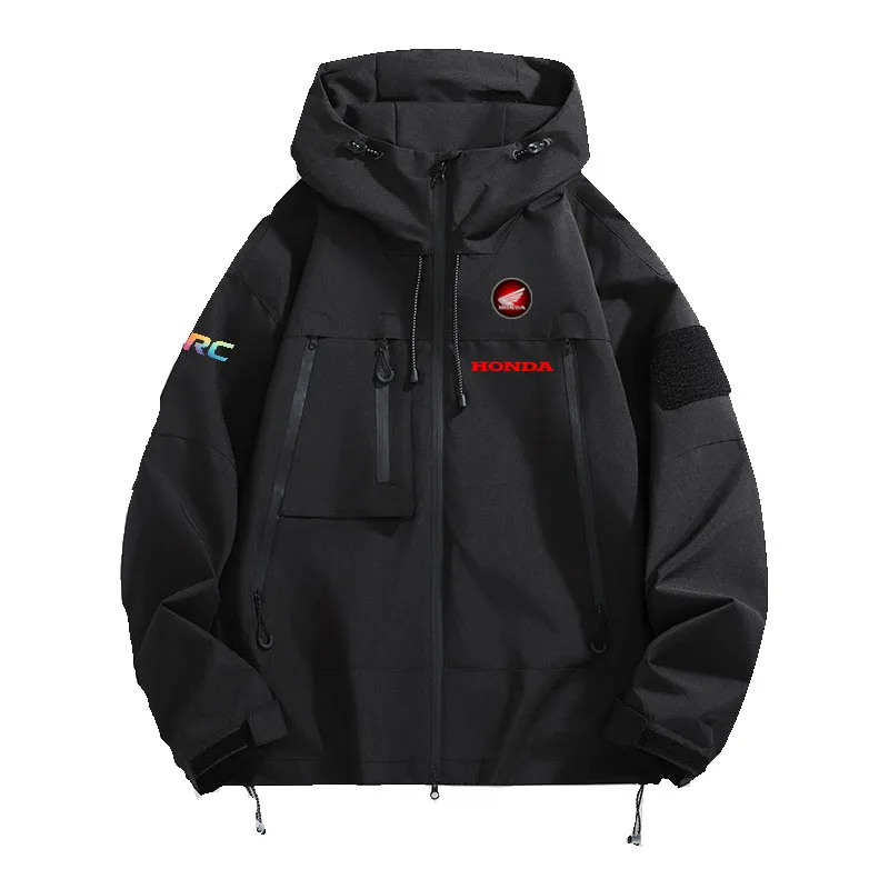 Honda motorcycle men's windproof hooded zip-up raincoat workwear waterproof black pilot jacket camping loose lightweight hooded