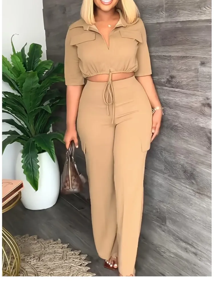 

Summer Women's Casual Solid Color Trousers Set Drawstring Short Top High-waisted Workwear Straight Trousers Two-piece Sets