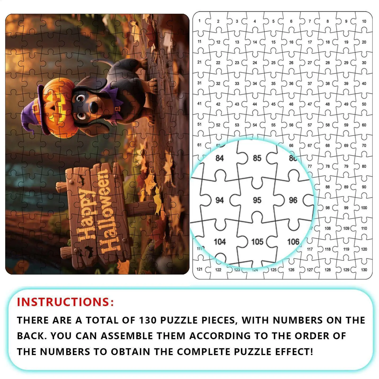 Puzzle di Halloween Puzzle da 130 pezzi con zucca e animale Gioco divertente per le attività di gioco di decorazioni natalizie di Halloween
