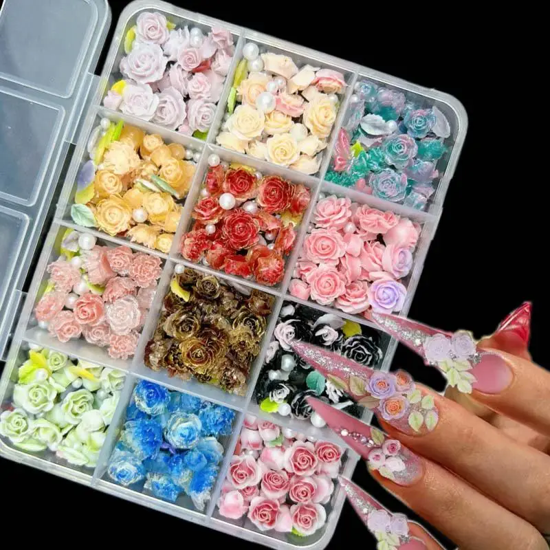 1Box Colorful Peony Camellia Flower Mixed Nail Charms Multiple Styles Flowers Series Fresh Summer Nail Art Decoration DIY Nails