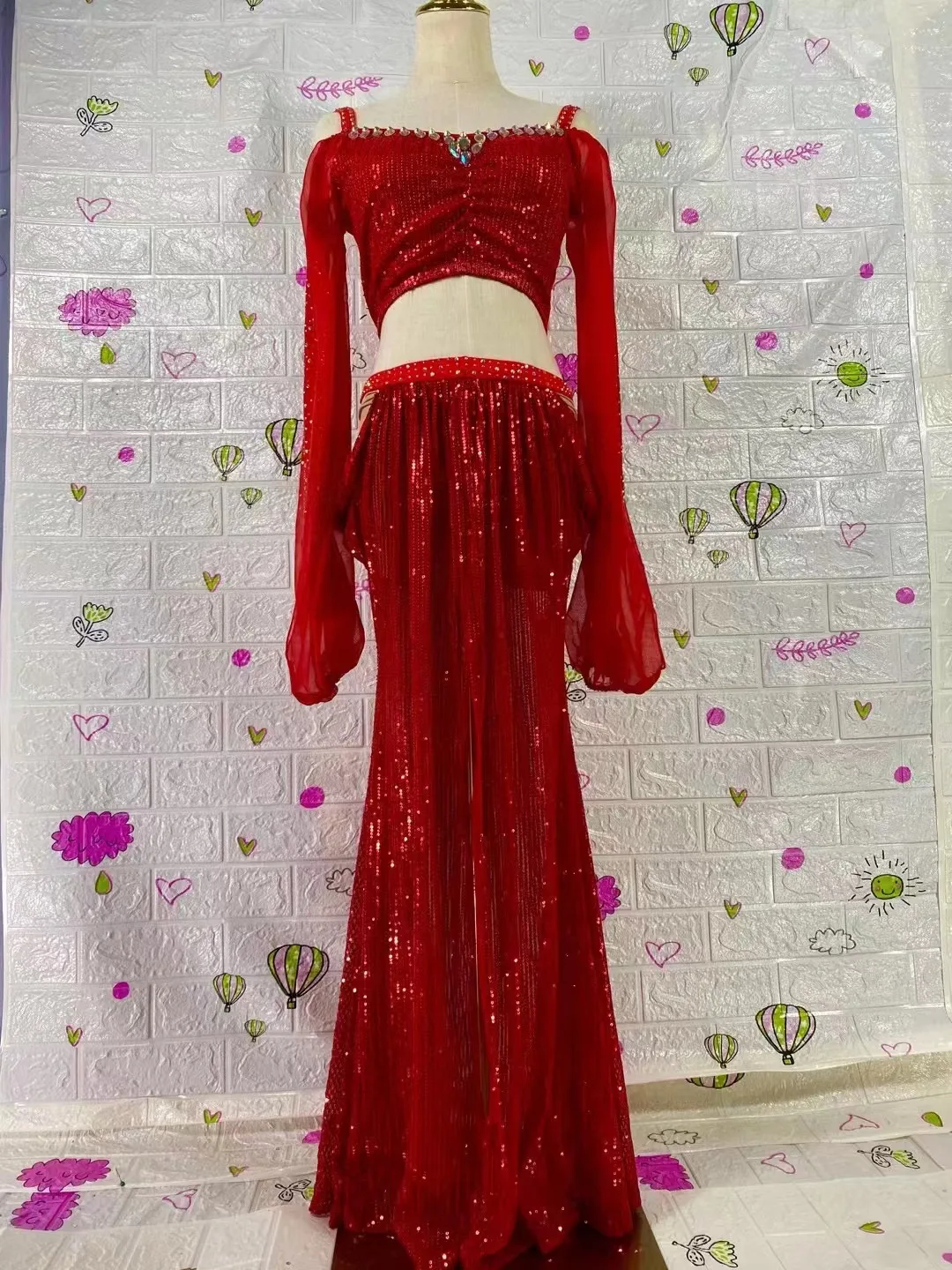 Belly Dance Professional Performance Costume Top + Long Skirt Practice Costume Sequined Super Flashing Long Skirt Dance Costume