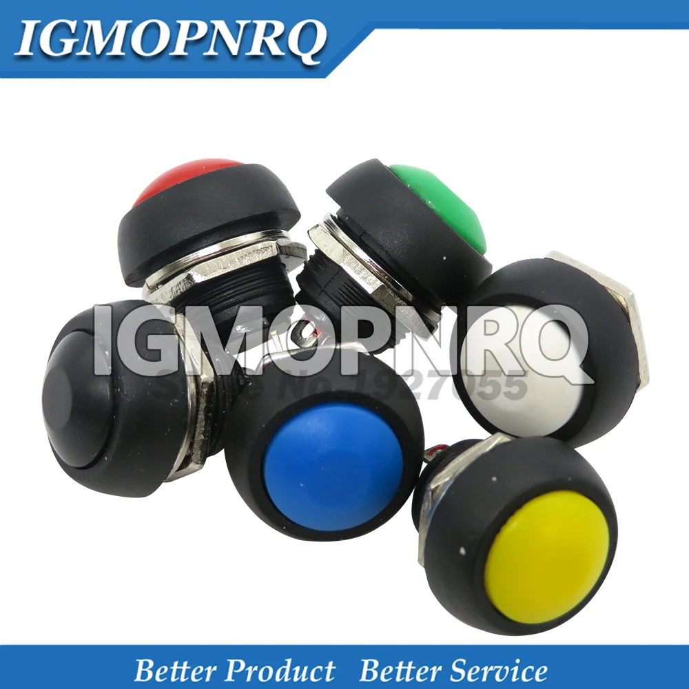 6PCS Mini 12mm Waterproof Momentary ON/OFF Push Button Round Switch PBS-33B KIT White Black Red Yellow Blue Green  Each 1PCS