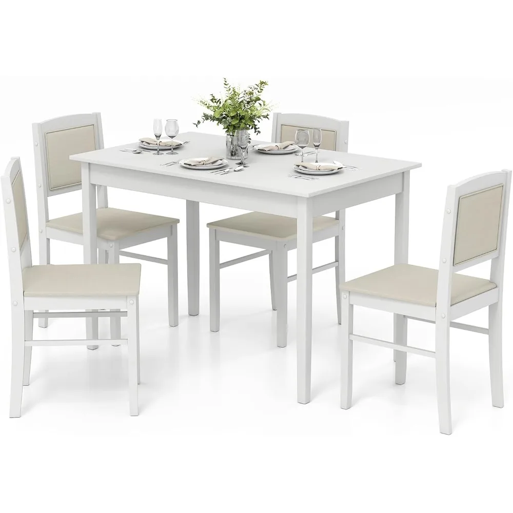 

Dining Table Set for 4, Farmhouse Solid Wood Dinette Set w/Rubber Wood Legs, Upholstered Seat & Padded Backrest, Mid-Century Mo