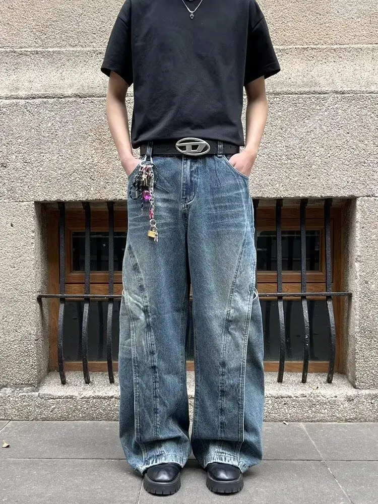 2025 Ropa Y2K ملابس الشارع الشهير غسلها الأزرق المرقعة فضفاض الجينز السراويل للرجال الملابس خمر واسعة الساق سراويل جينز Pantalon أوم #3